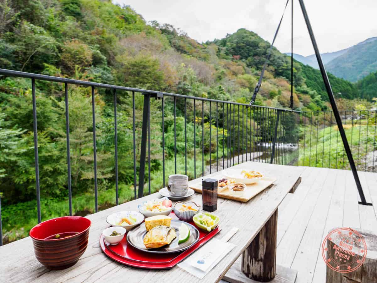 seirannosato lodge in shikoku's breakfast on outdoor patio