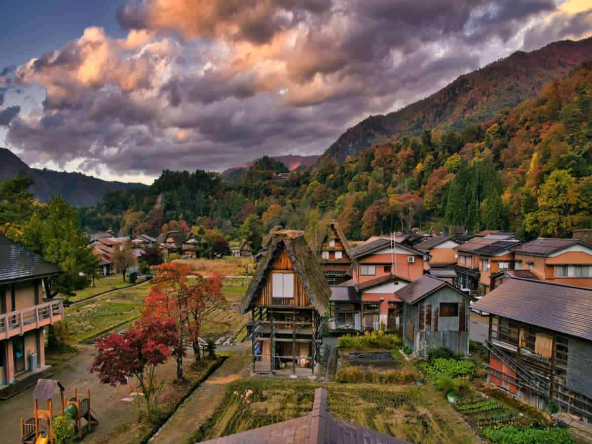 beautiful town of shirakawago at dawn