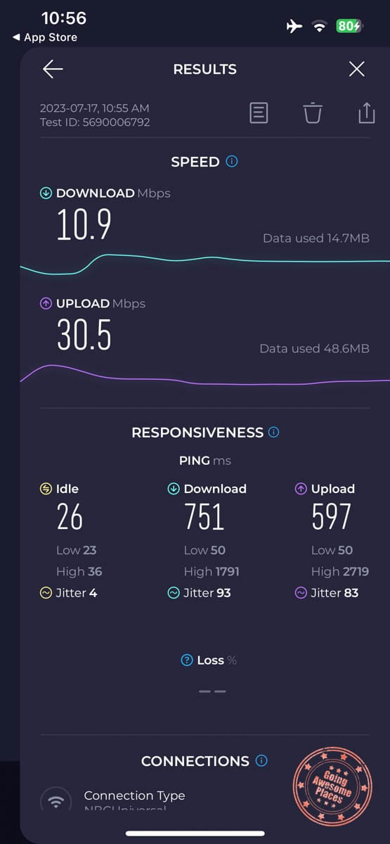 speedtest of free wifi at universal studios hollywood