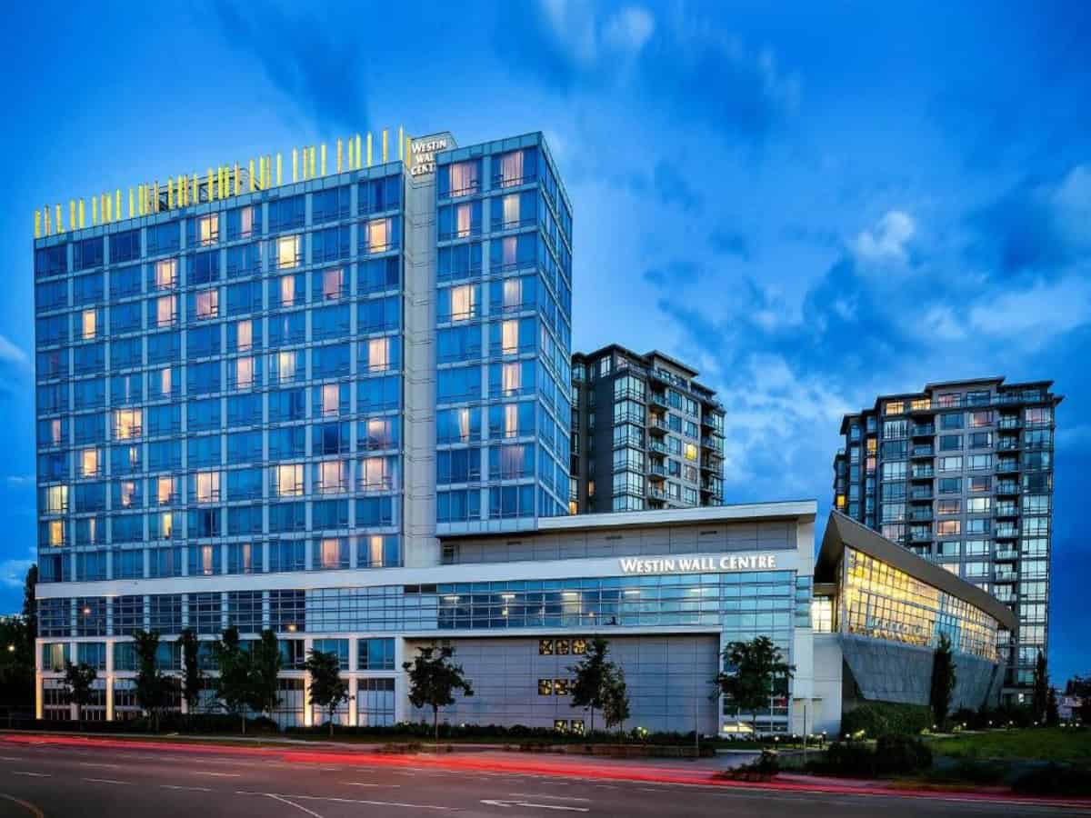 outside street view of the westin wall centre at dusk