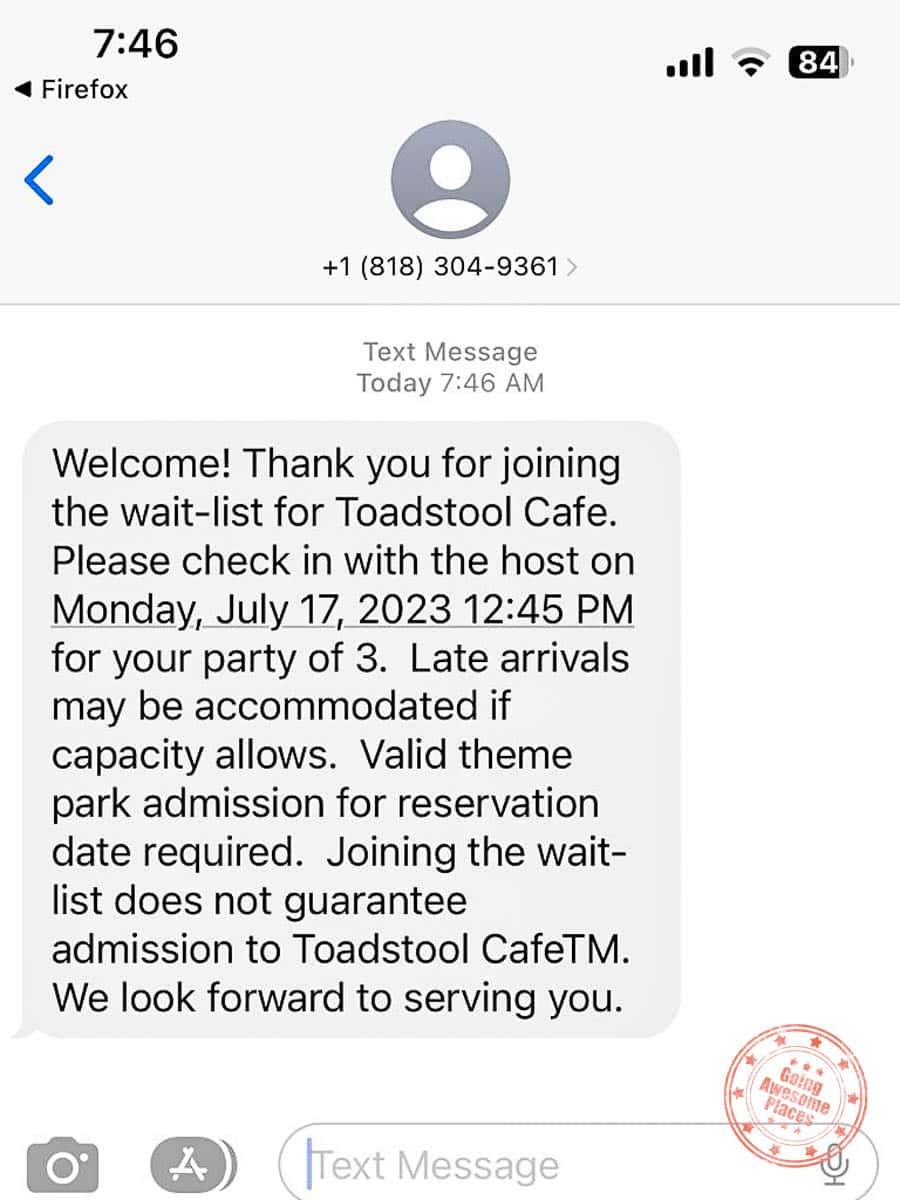 toadstool cafe confirmation text message