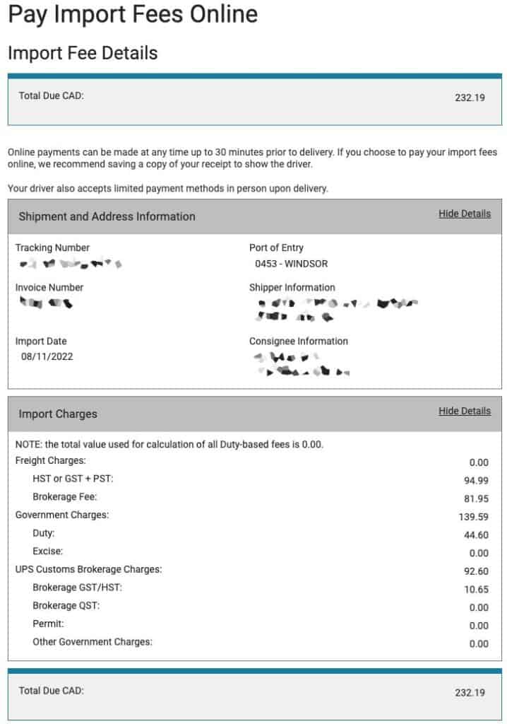 ups import fees including brokerage fee
