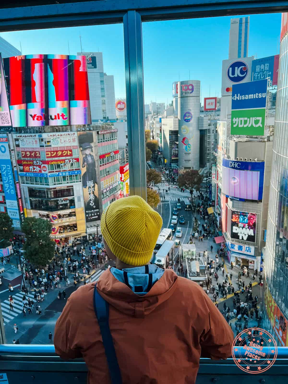 viewing shibuya crossing from rooftop lounge