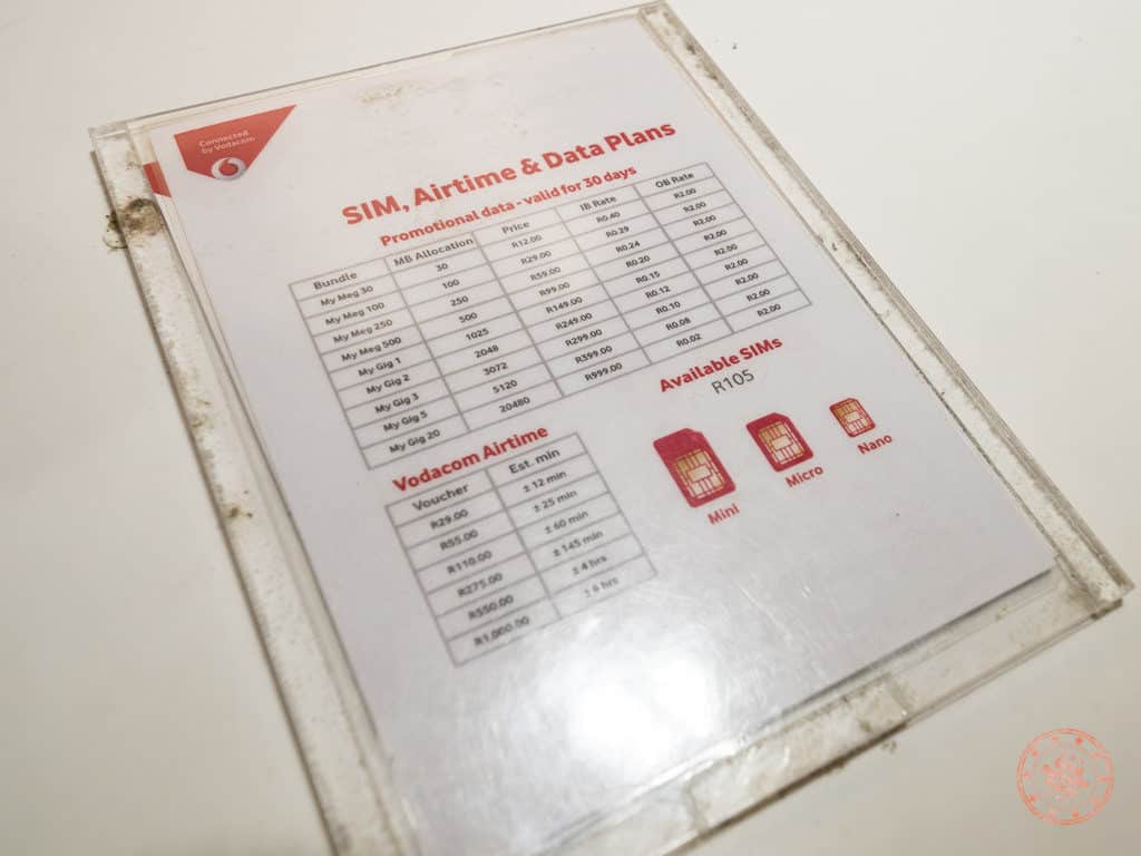 vodacom local sim pricing table for data