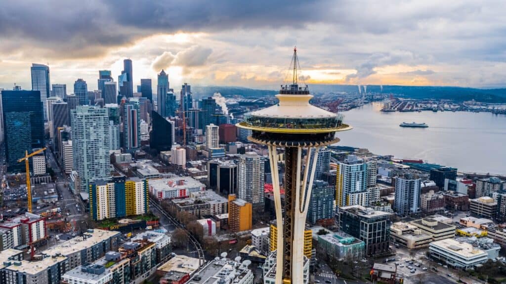 Weekend Trips Seattle fly over view of skyline and Space Needle